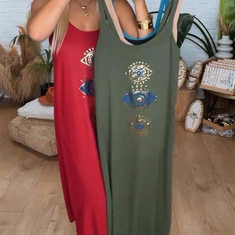 🔥Damska długa sukienka bez rękawów z wzorem w oczy👗