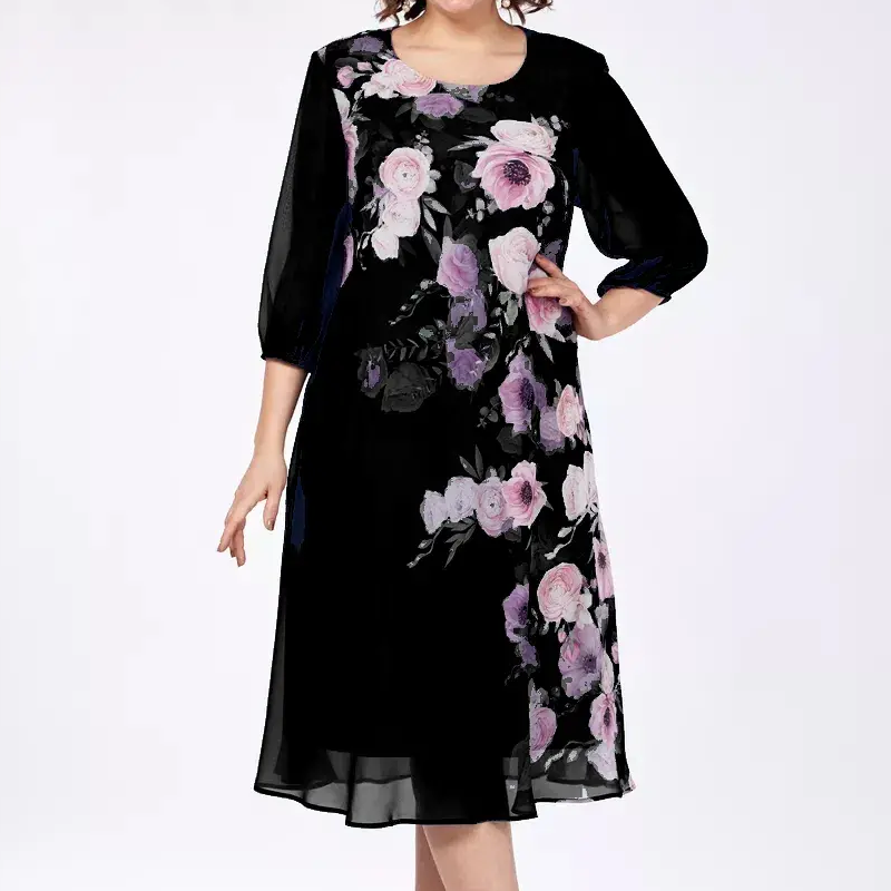 Elegancka sukienka z szyfonu z kwiatowym nadrukiem i okrągłym dekoltem