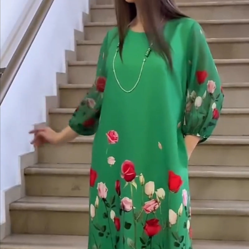 Damska elegancka sukienka w kwiaty z okrągłym dekoltem