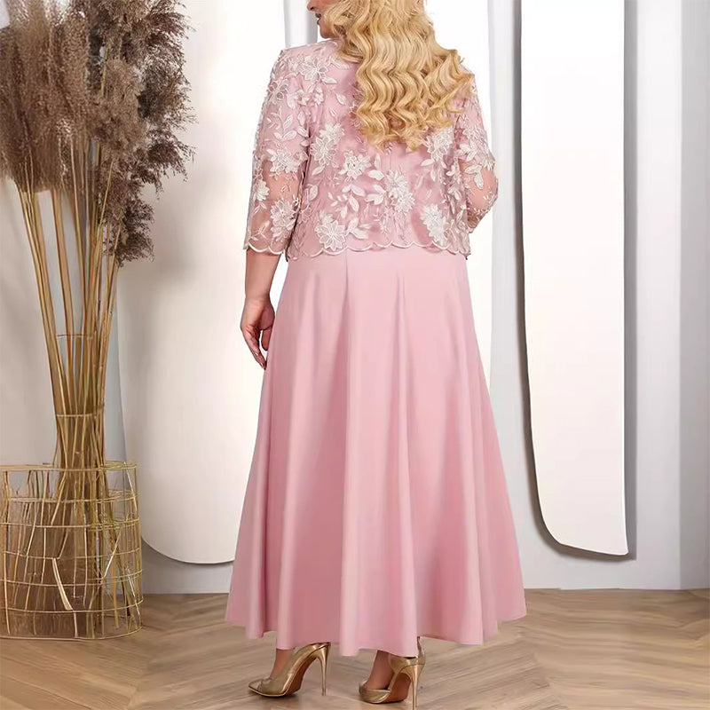 ✨Damska sukienka w jednolitym kolorze z koronkowym haftowanym żakietem