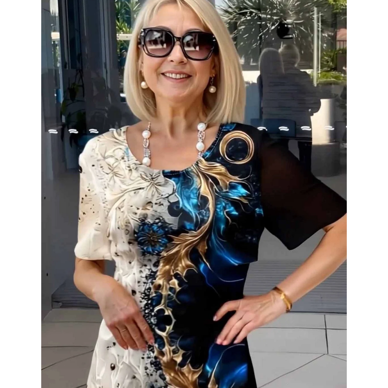 👗 Damska letnia sukienka z nadrukiem kwiatowym, okrągłym dekoltem i krótkim rękawem w kształcie litery A