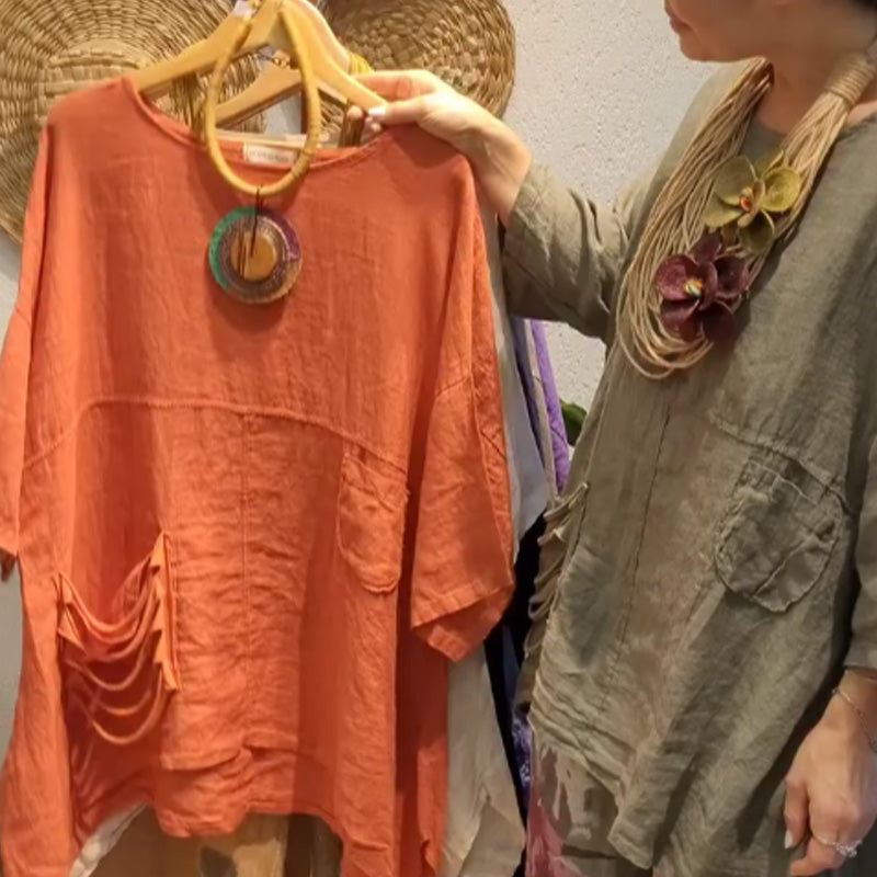 ✨Lniany top z kieszeniami bocznymi dla kobiet o luźnym kroju