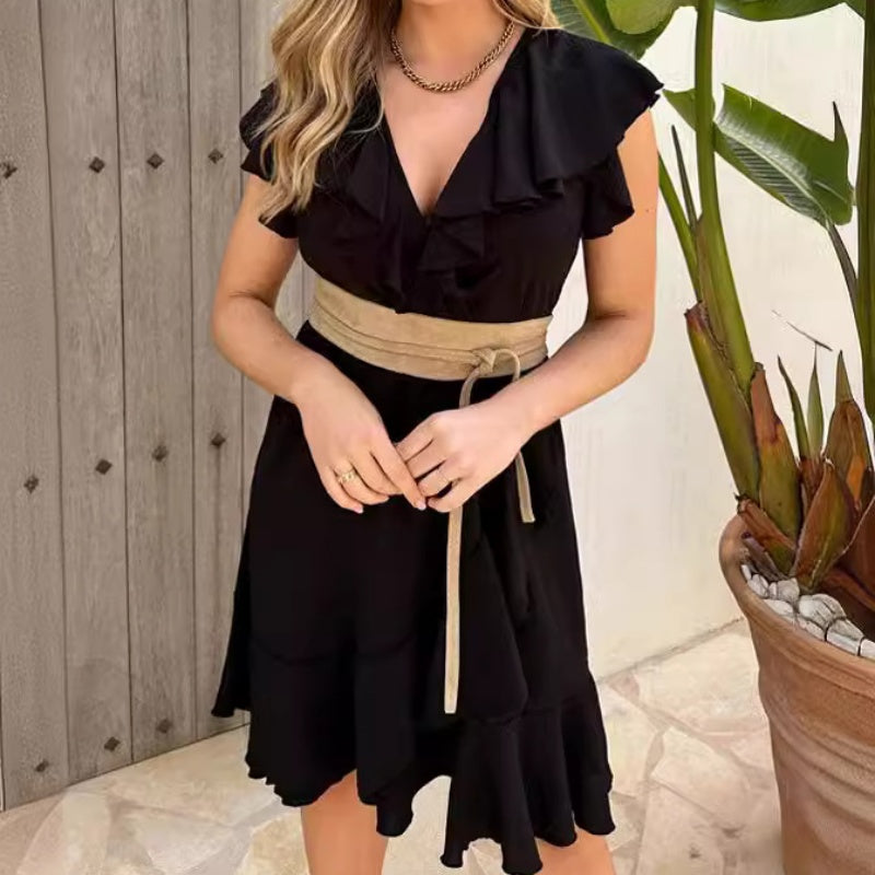 🔥Elegancka sukienka damska z wiązaniem w talii i falbanką w dekolcie w serek