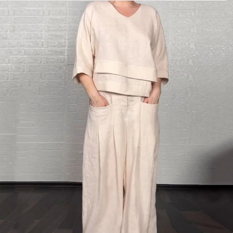 Nieregularny dół Bawełniany lniany zestaw dwuczęściowy z krótkim rękawem
