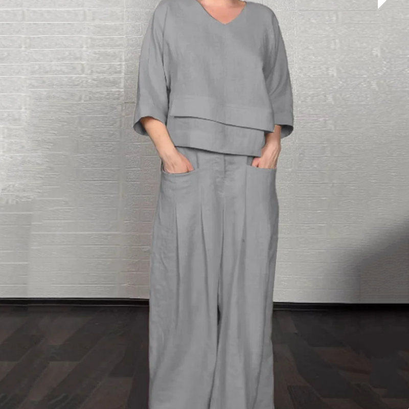 Nieregularny dół Bawełniany lniany zestaw dwuczęściowy z krótkim rękawem