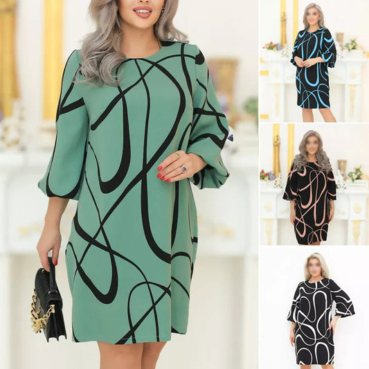 🌸 Sukienka z nadrukiem z okrągłym dekoltem i rękawem siedem czwartych