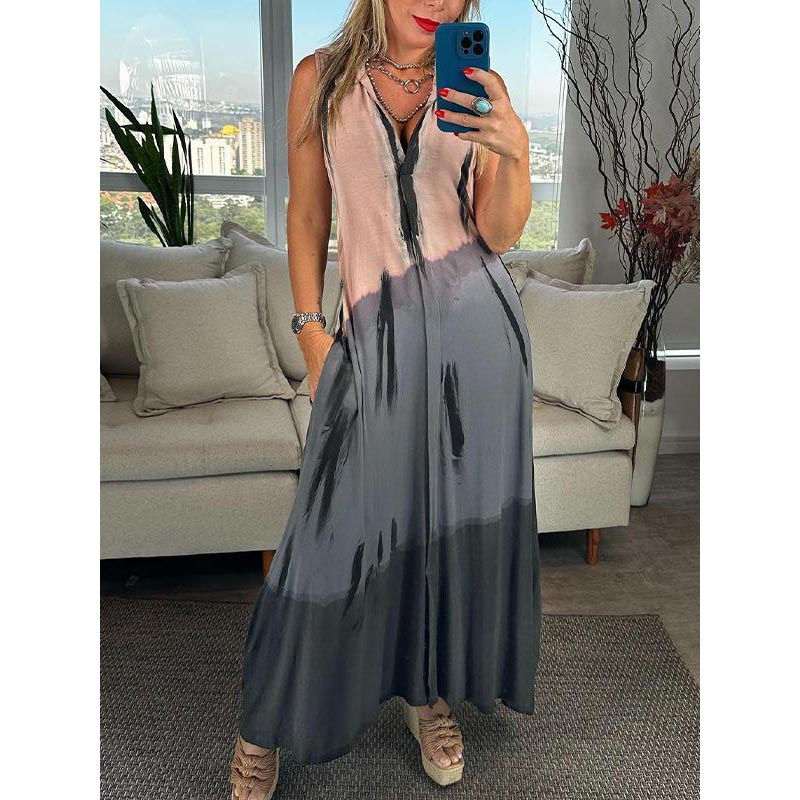 Sukienka damska bez rękawów z dekoltem w serek i wiązaniem