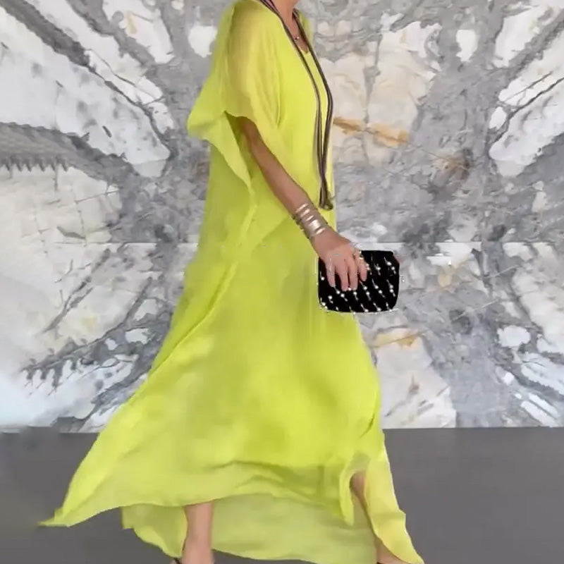 Damska przewiewna luźna sukienka maxi z dekoltem w serek