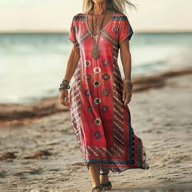 ✨Damska sukienka z krótkim rękawem i nadrukiem V-Neck