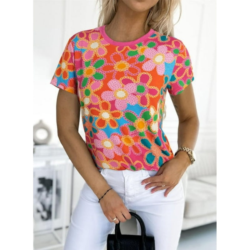 Damska różowa koszulka z kwiatowym nadrukiem