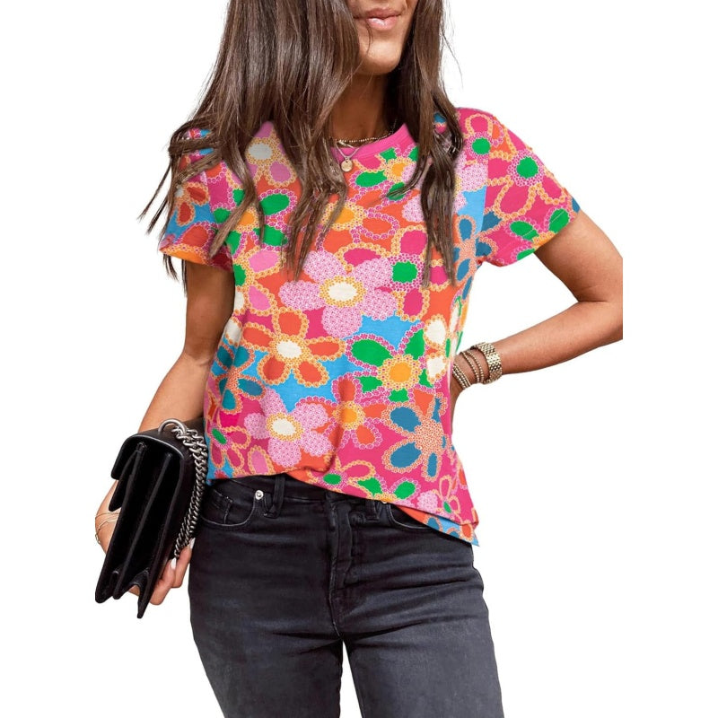 Damska różowa koszulka z kwiatowym nadrukiem