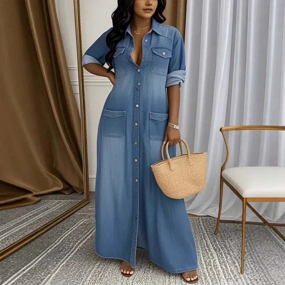 Női Button Down farmer Maxi ruha