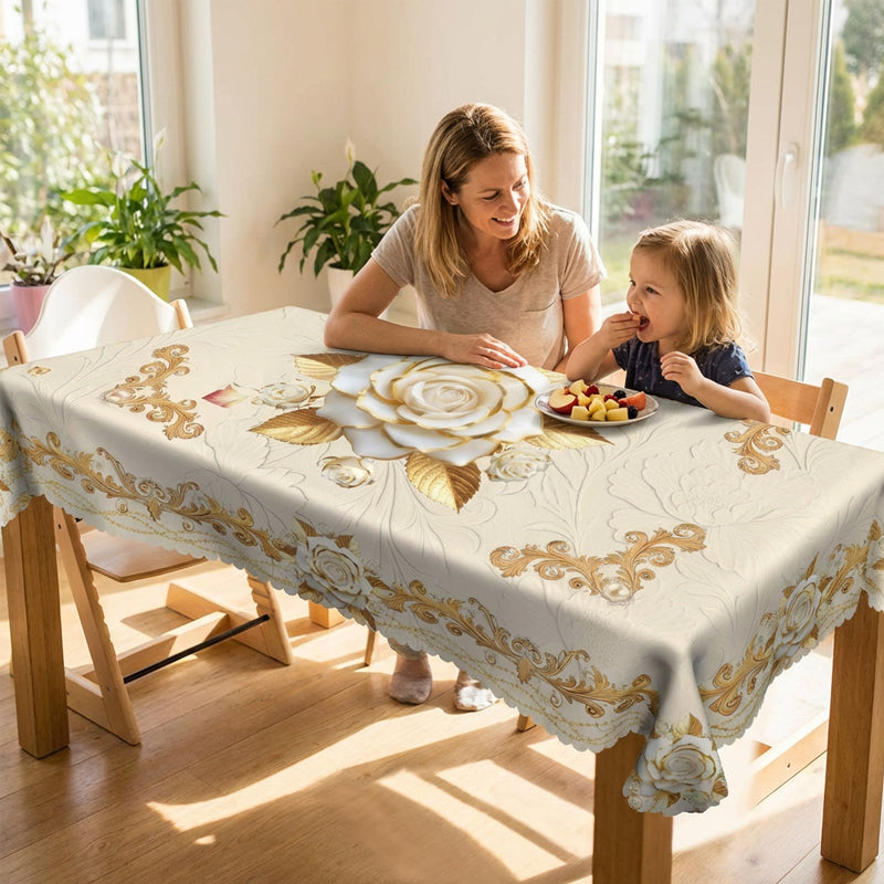 Prabangi europietiška staltiesė – paauksuotos rožės, reljefinis raštas, atspari vandeniui, elegantiška svetainės dekoracija-LT