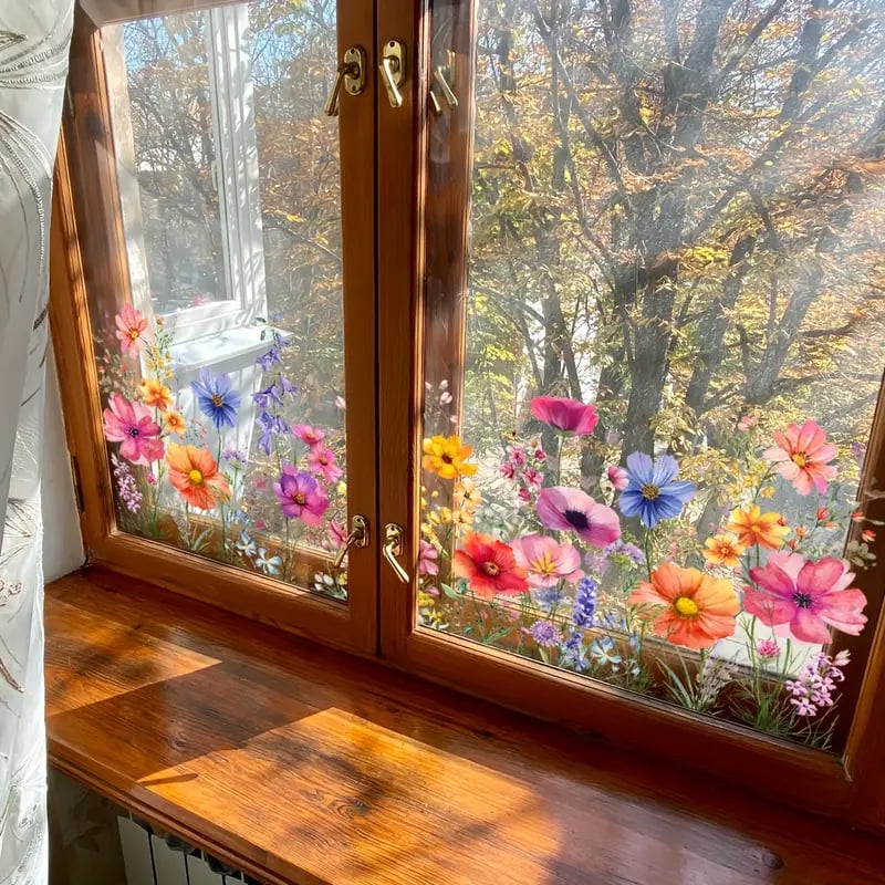 💎 Barvita nalepka za okno z motivom šopka rož - odstranljiva, dvostranska in izrezana po velikosti 🏡-SI