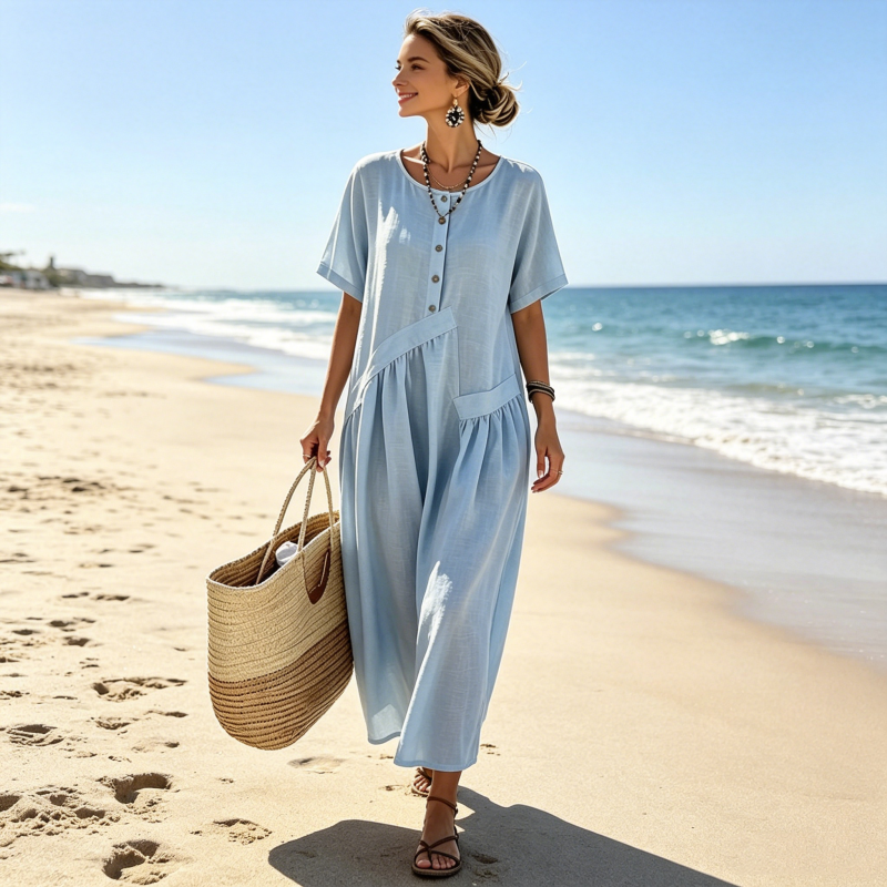 ⌛Időben korlátozott ajánlat - Női maxi ruha gombokkal és rövid ujjakkal