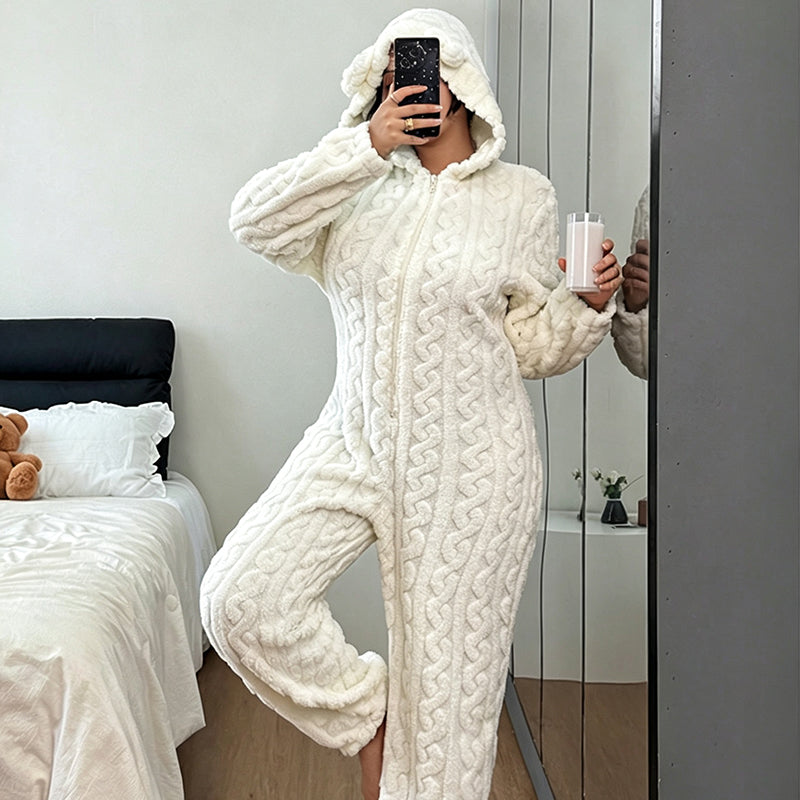 💖💖🐻 Játékos kényelem | Női kapucnis, csavart kötésű otthoni szett medvemintás hímzéssel