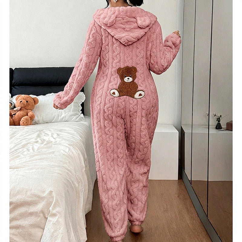 💖💖🐻 Játékos kényelem | Női kapucnis, csavart kötésű otthoni szett medvemintás hímzéssel
