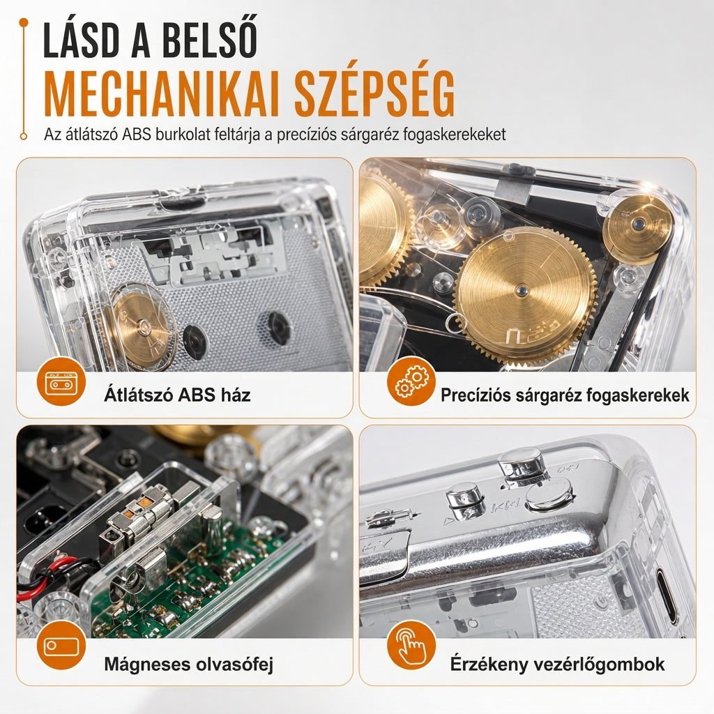 🎧 Átlátszó hordozható kazettalejátszó – Walkman stílus, kazetta–MP3 átalakító, Type-C ✨