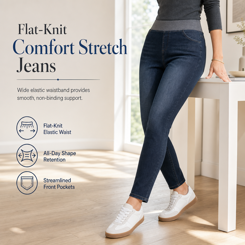 Női magas derekú, felhúzható, slim fit sötét mosott farmernadrág széles elasztikus derékpánttal