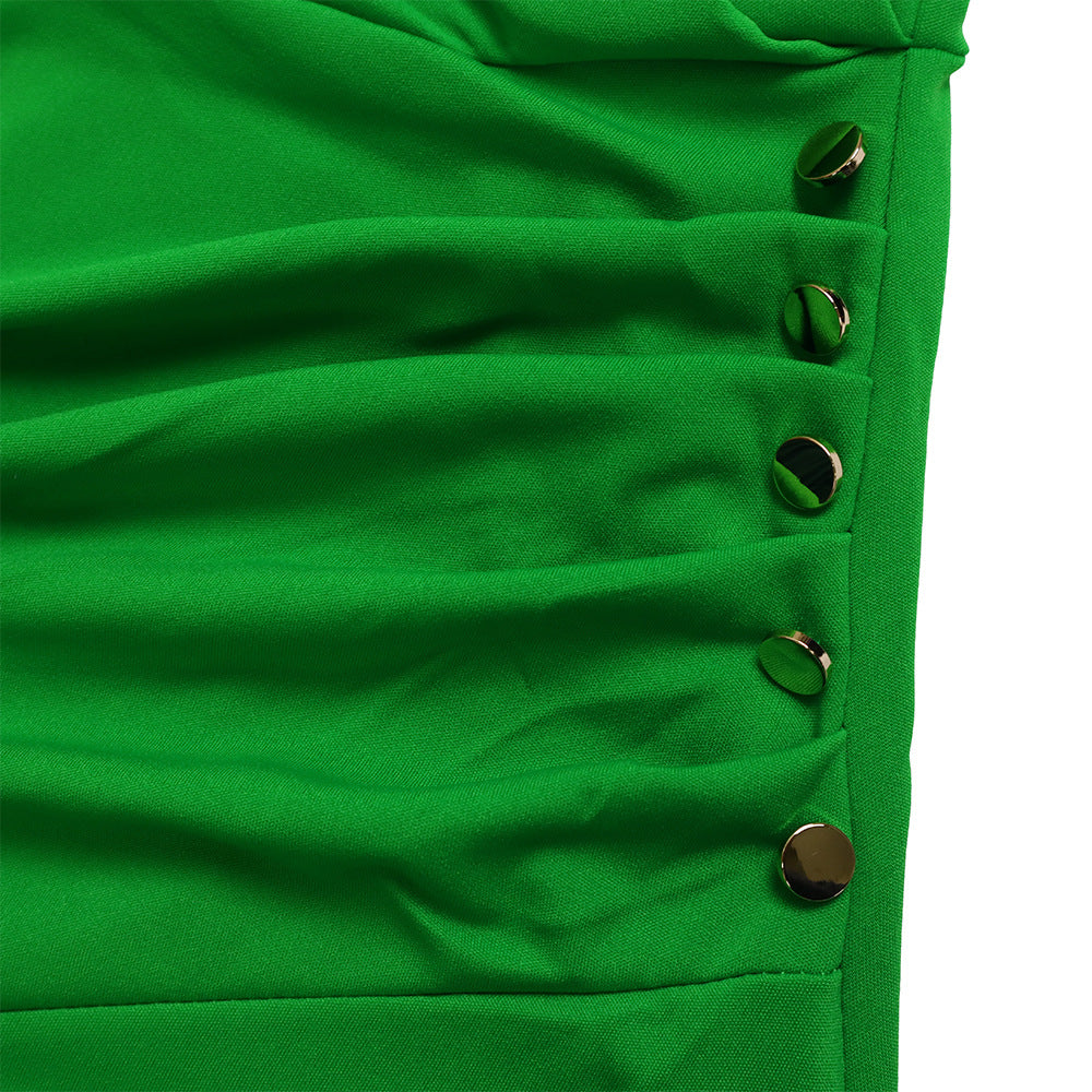 Jednokolorowa sukienka z okrągłym dekoltem i bufiastymi rękawami, wąska talia plus rozmiar