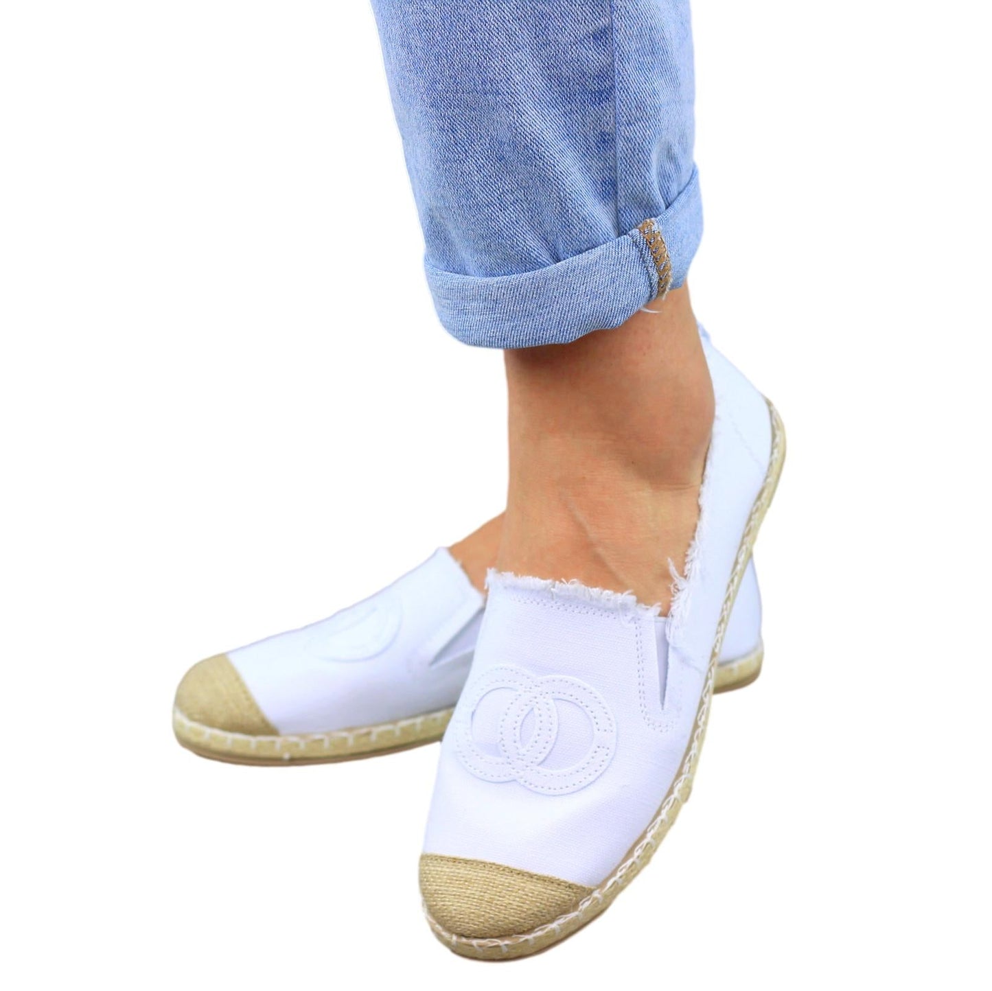 Modne białe materiałowe espadryle damskie logowanie