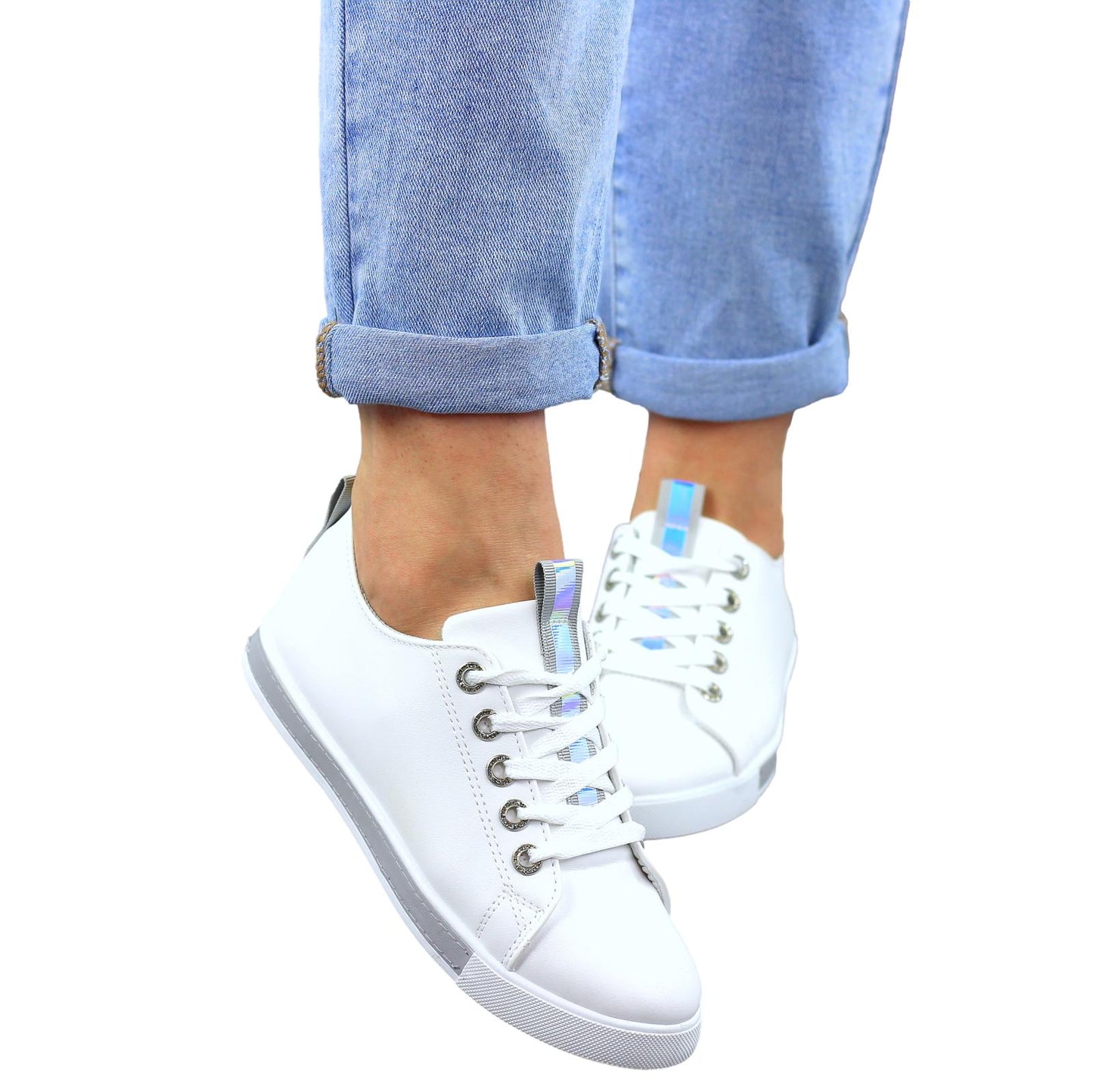 BIAŁO SZARE SKÓRZANE GŁADKIE TRAMPKI DAMSKIE efekt holo